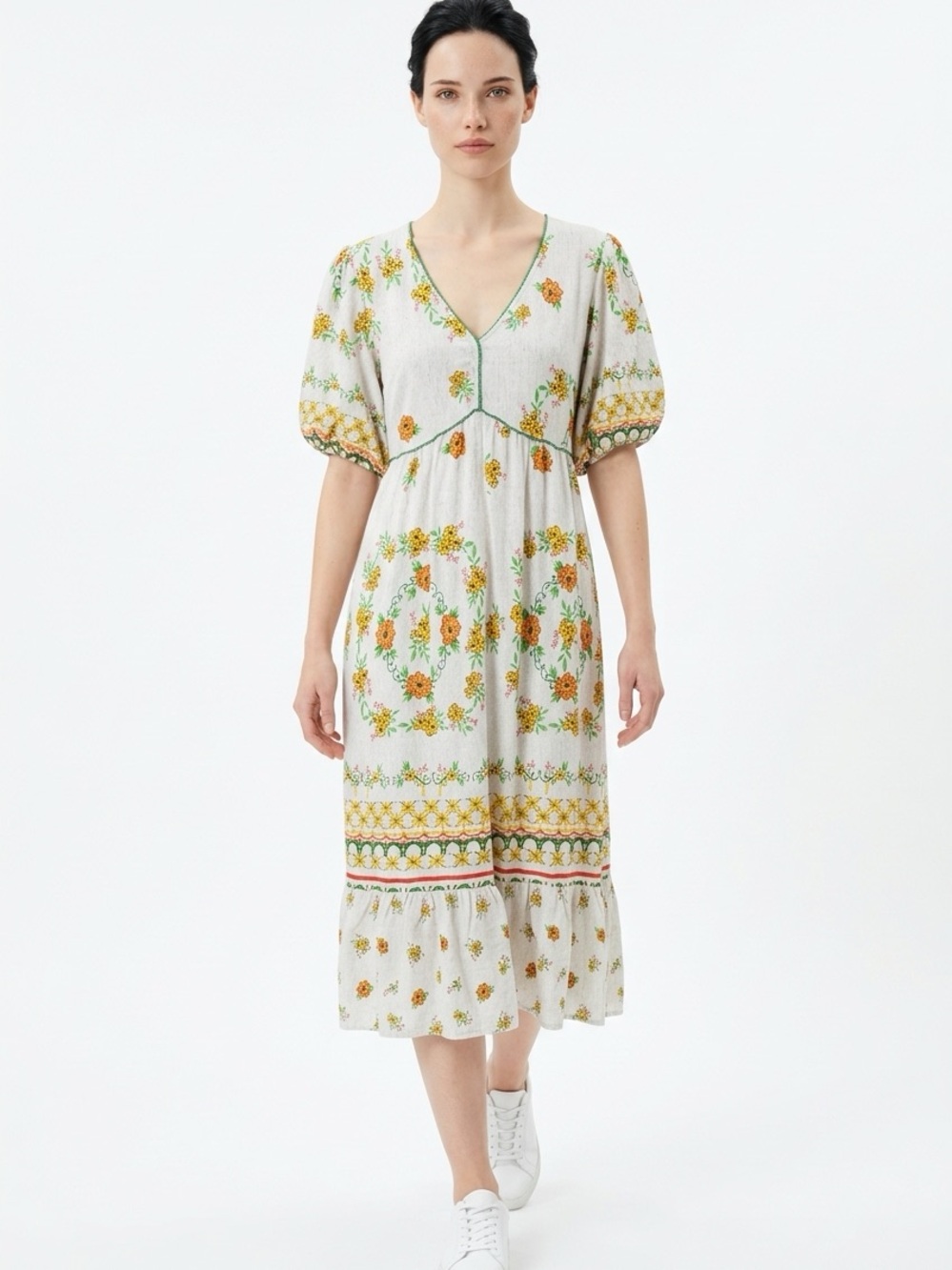 FIG + FLOWER | Floral V-Neck Midi Dress in Cream Green Yellow Women’s Size Large